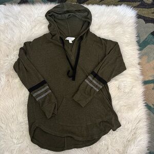Market & Spruce Olive Green Hooded Sweater with Stripe Sleeve Detail